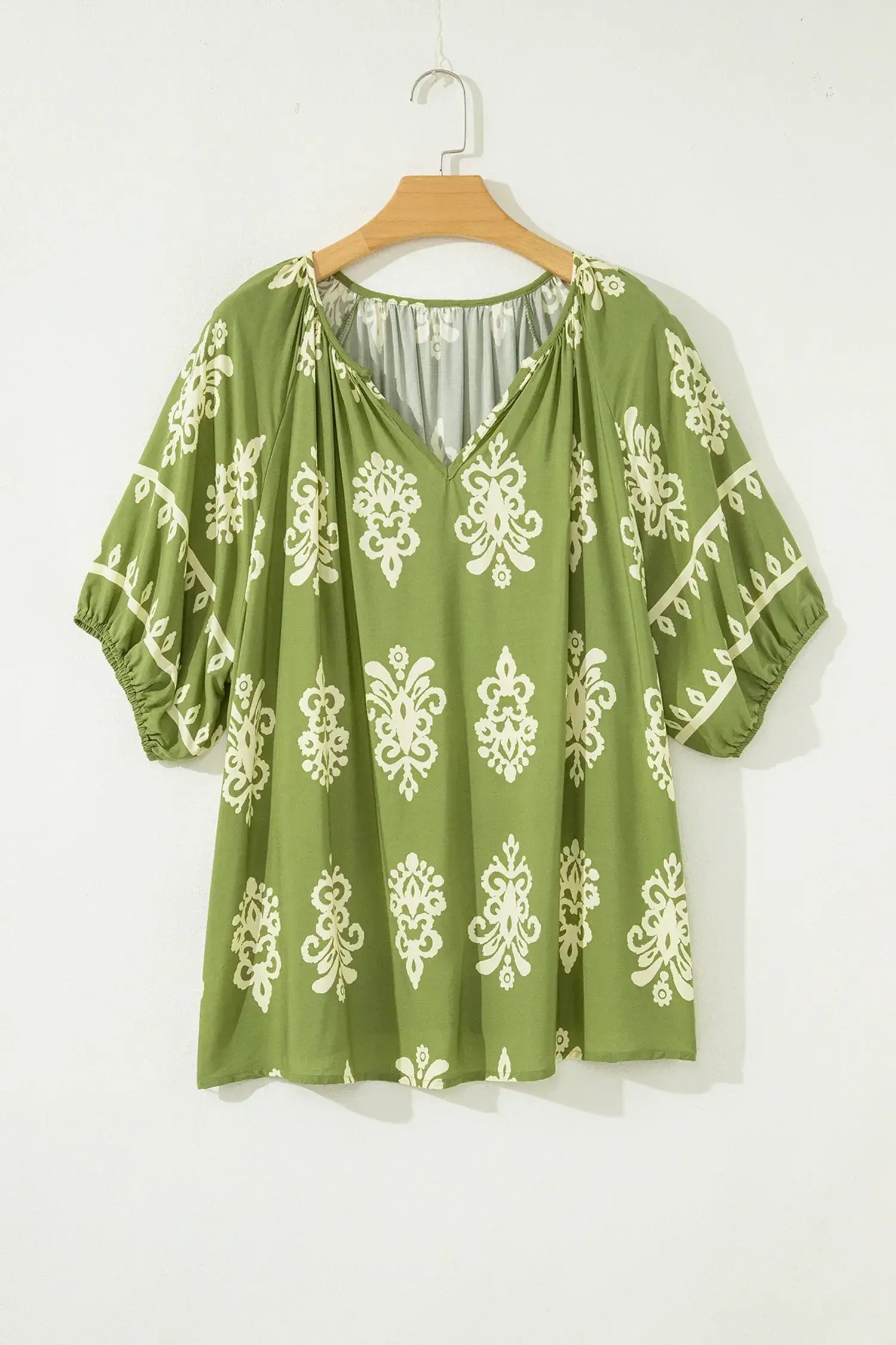 Green Boho Chic Notched V Neck Plus Floral Short Sleeve Top - Sweet Fashion Wholesale
