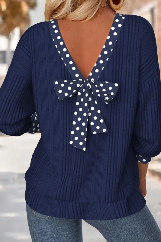 Dirty blue Polka Dot Trimmed V Neck Bow Tie Textured Ribbed Top - Sweet Fashion Wholesale