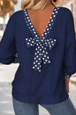 Dirty blue Polka Dot Trimmed V Neck Bow Tie Textured Ribbed Top - Sweet Fashion Wholesale