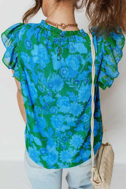 Green Floral Print Ruffled Sleeve Summer Blouse - Sweet Fashion Wholesale