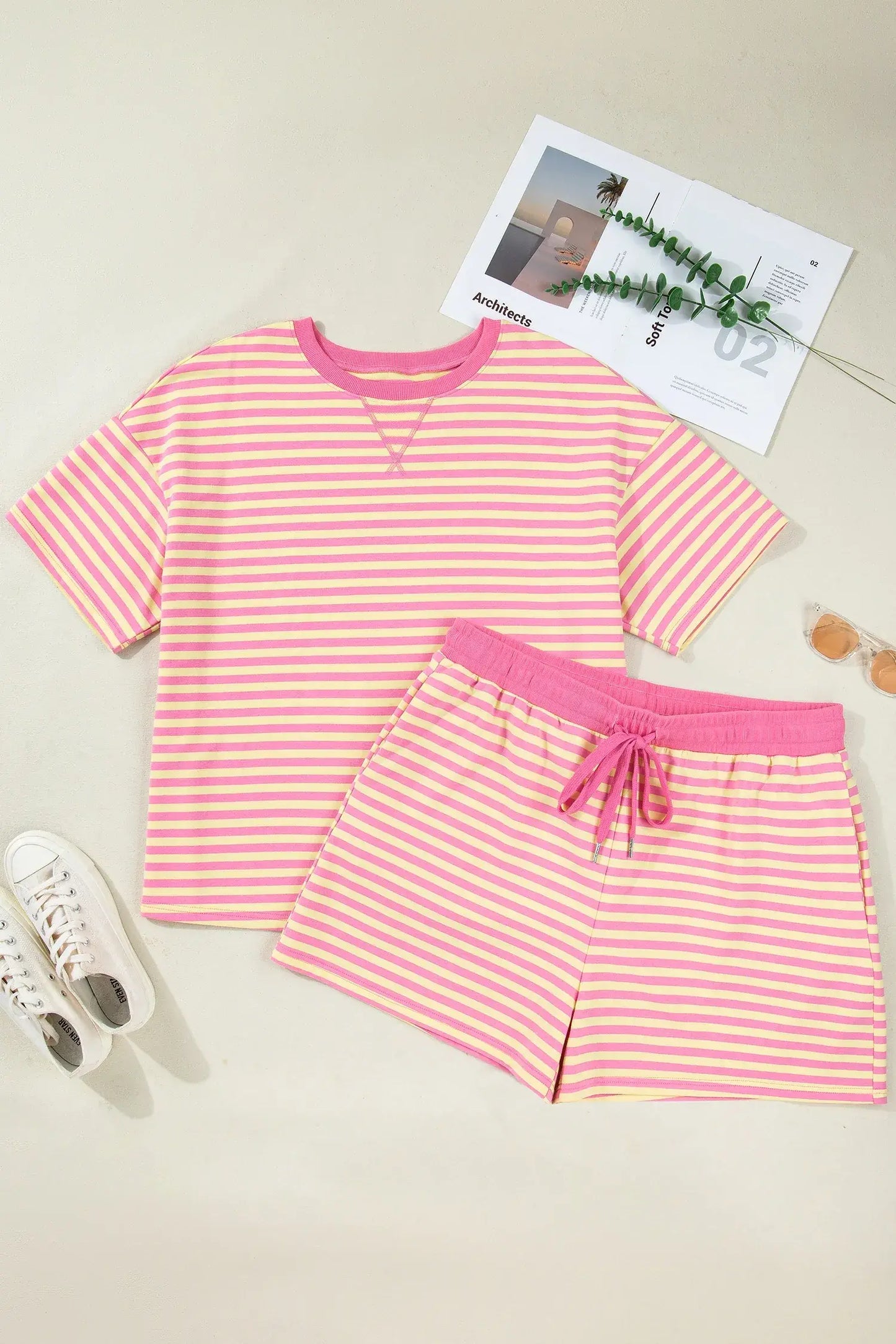 Green Stripe Boxy Tee Drawstring Elastic Waist Plus Size Short Set - Sweet Fashion Wholesale