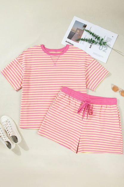 Green Stripe Boxy Tee Drawstring Elastic Waist Plus Size Short Set - Sweet Fashion Wholesale
