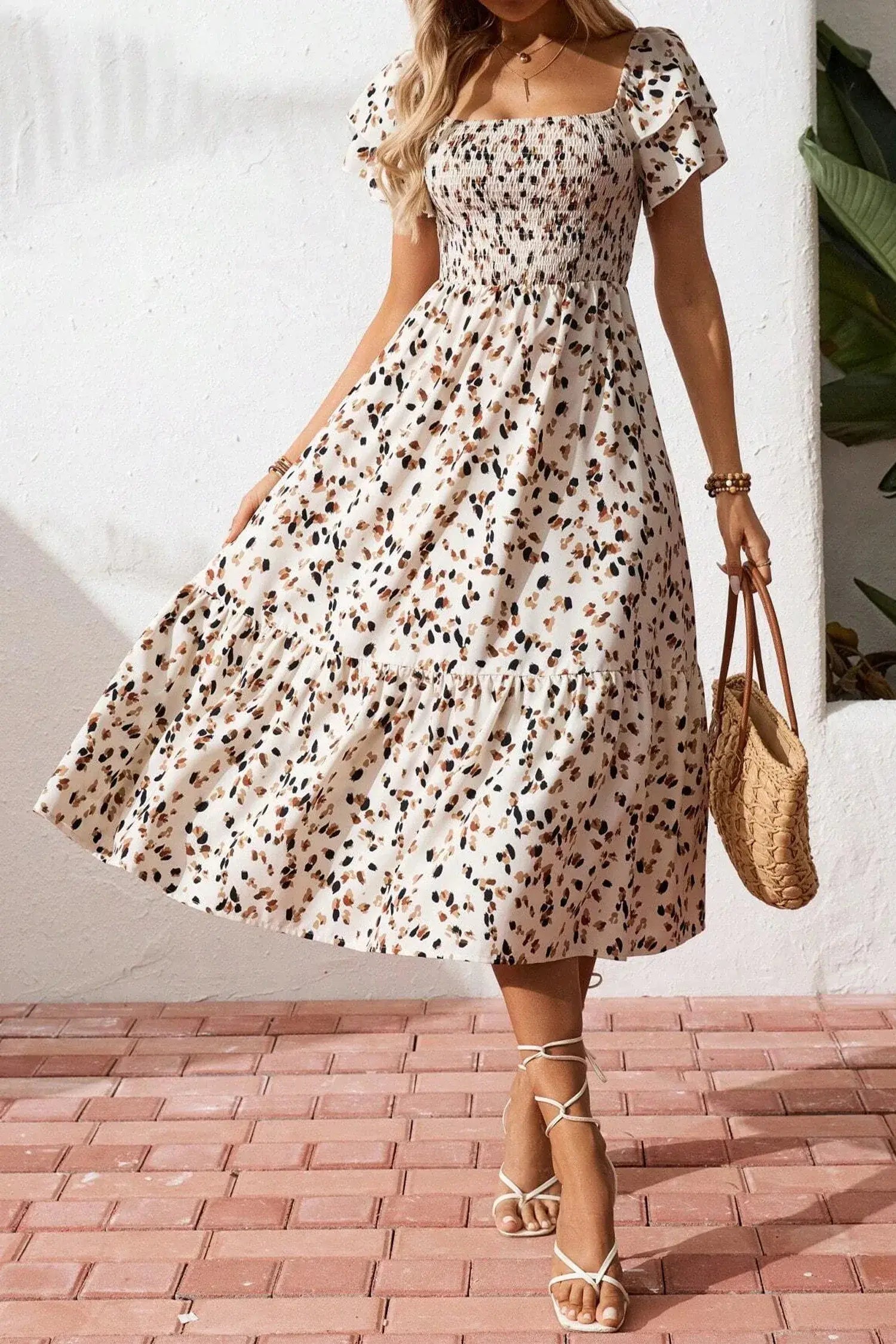 Beige Ditsy Floral Print Smocked Square Neck Ruffle Short Sleeve Dress - Sweet Fashion Wholesale