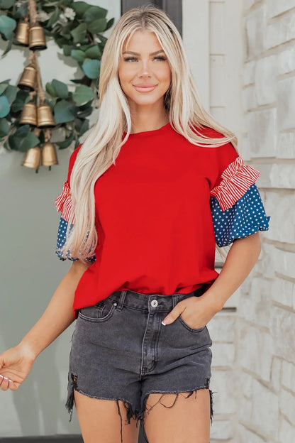 Beau Blue Stars Stripes Short Puff Sleeve Top - Sweet Fashion Wholesale