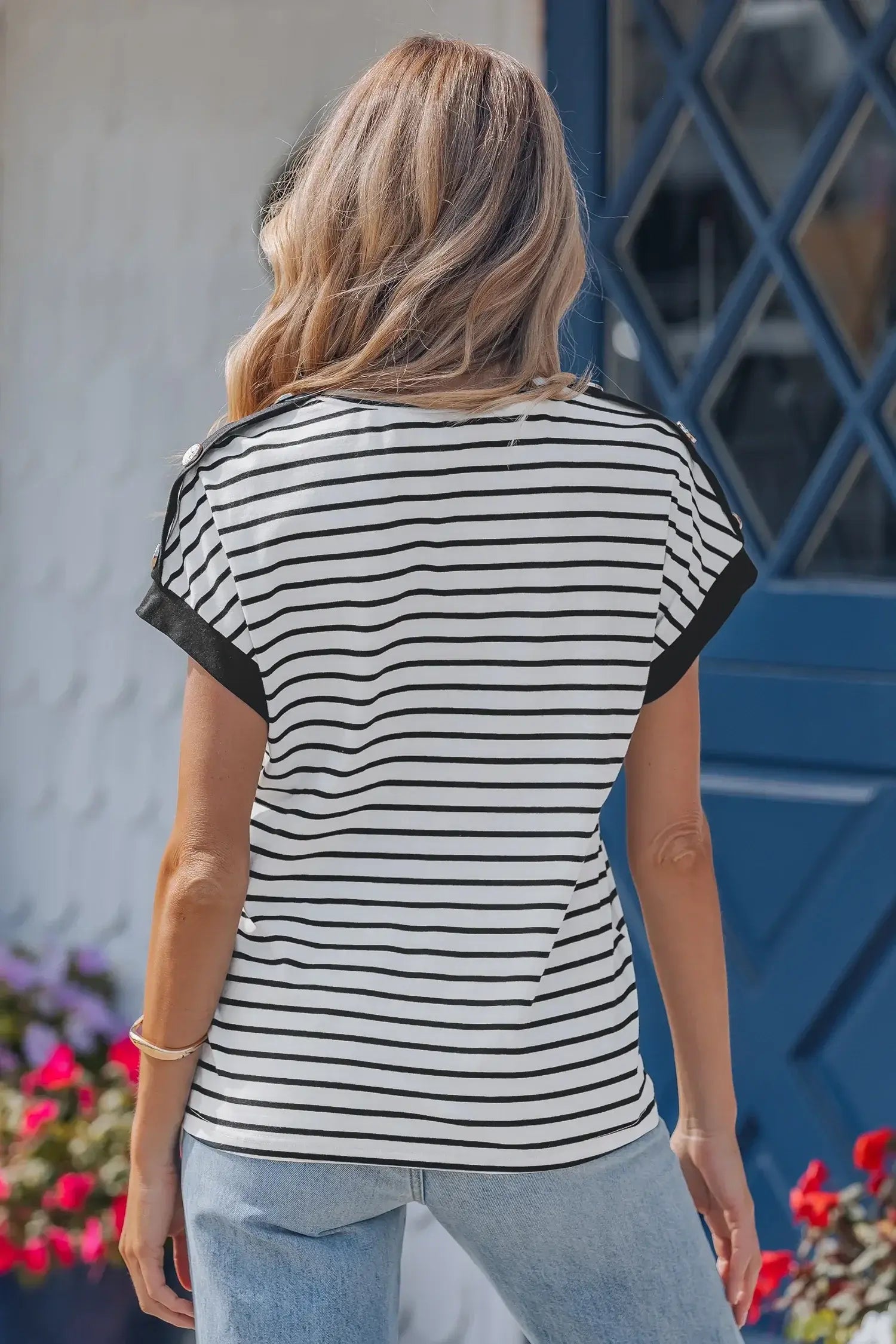 Black Stripe Cuffed Sleeve Button Detail Loose Tee - Sweet Fashion Wholesale