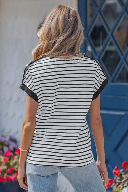 Black Stripe Cuffed Sleeve Button Detail Loose Tee - Sweet Fashion Wholesale