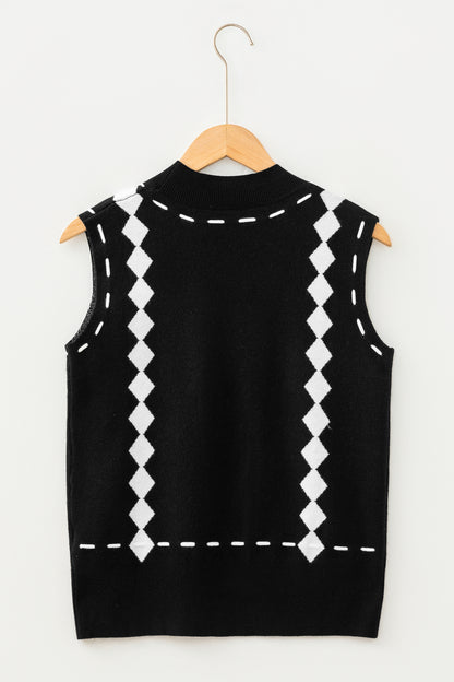 Black Western Horse Geometric Print Mock Neck Sweater Vest