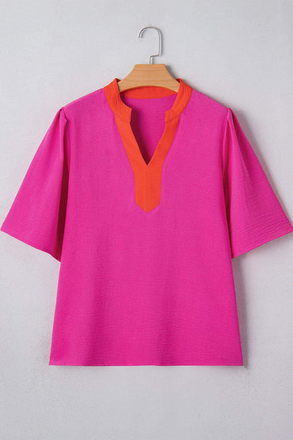 Rose Red Contrast V Neck Colorblock Wide Short Sleeve Top