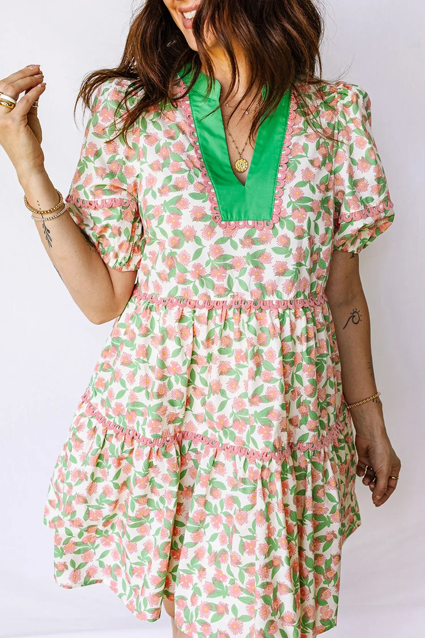 Green Contrast Neckline Ricrac Trim Floral Short Puff Sleeve Dress - Sweet Fashion Wholesale