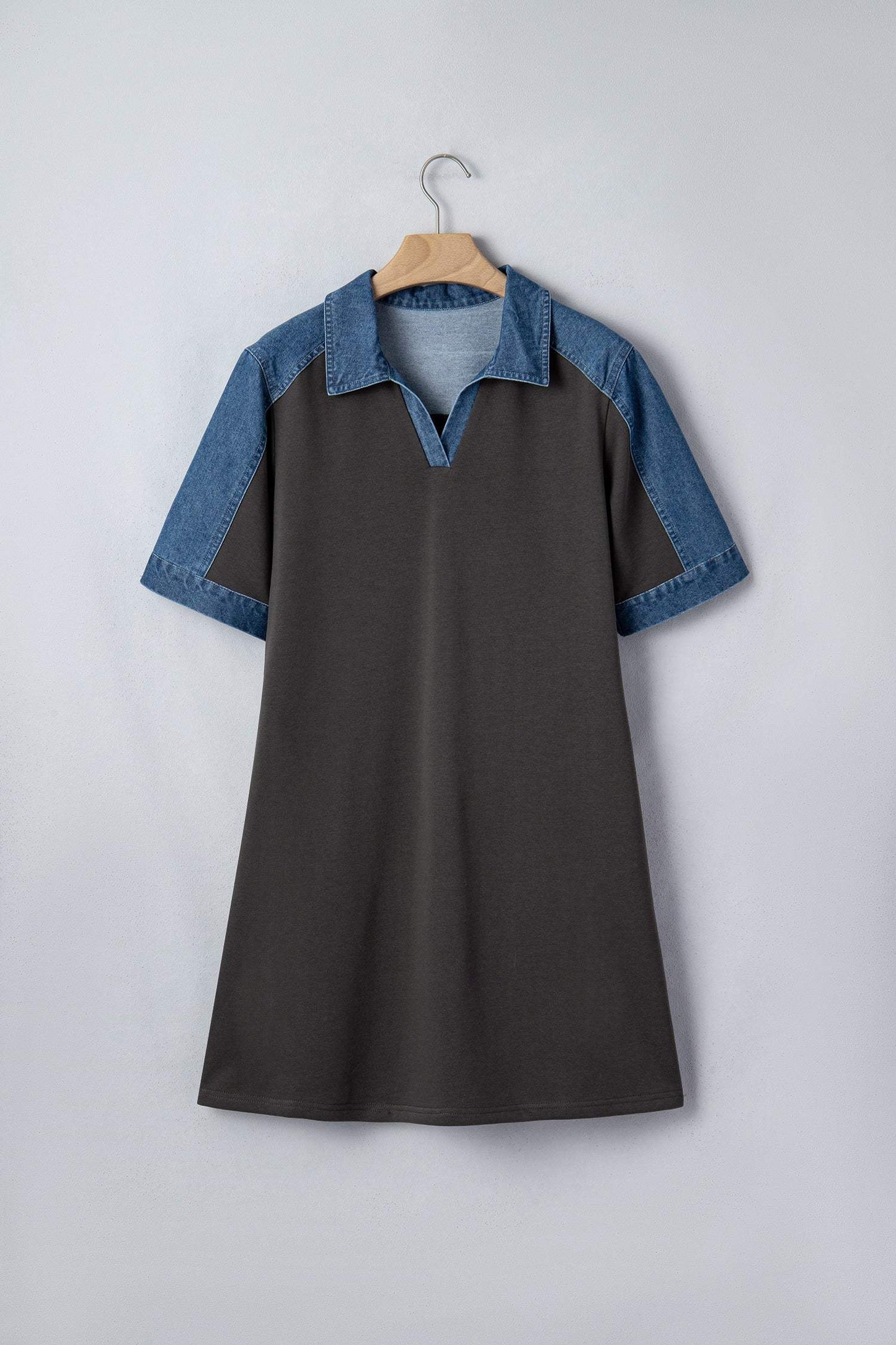 Carbon Grey Color Block Denim Patchwork Polo Collar T Shirt Shift Dress