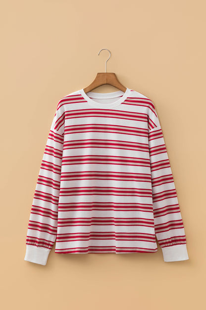 Red Stripe Dropped Shoulder Long Sleeve Casual Pullover Top