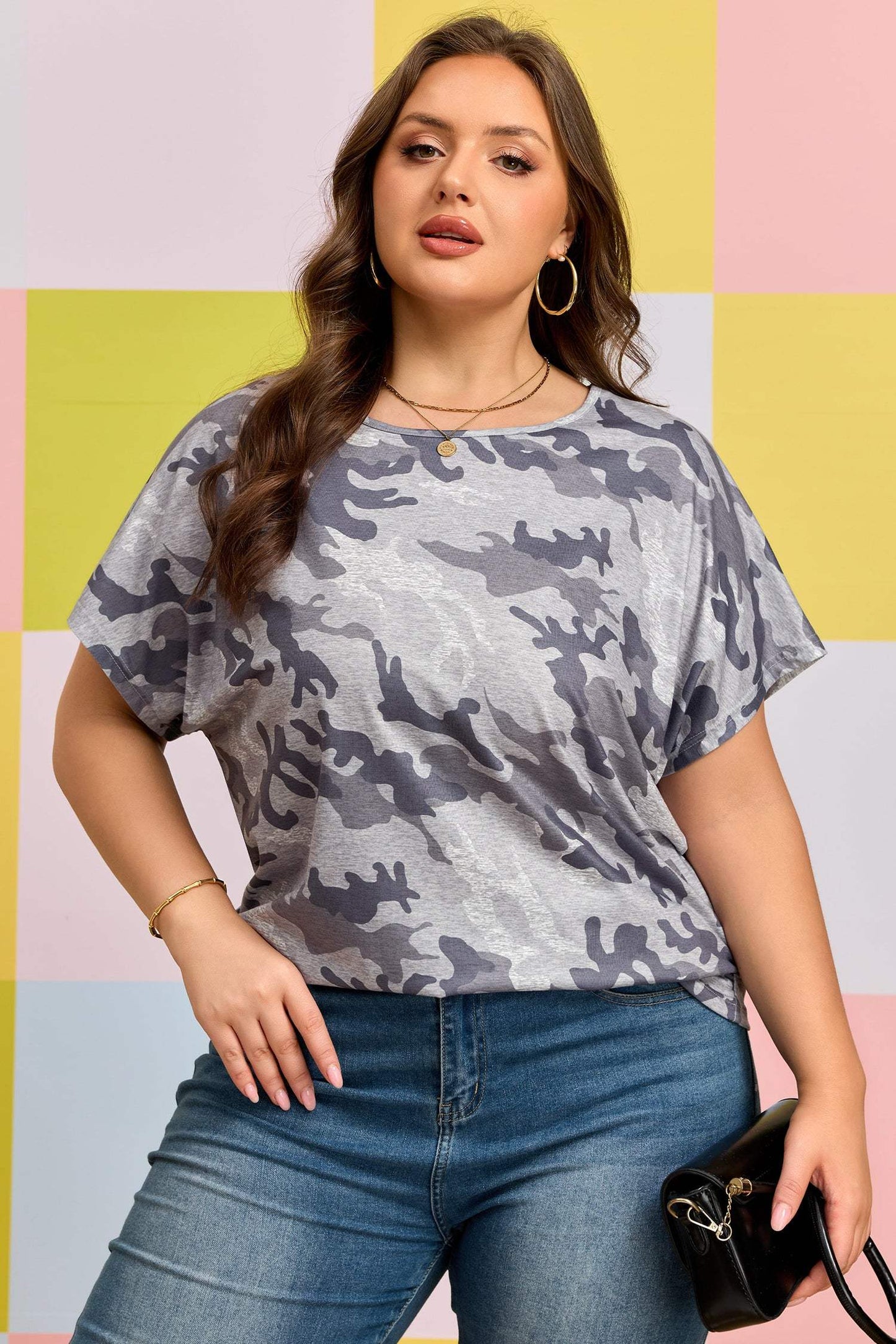 Gray Plus Size Camo Print Casual T Shirt