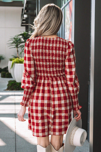 Red Plaid Print Smocked Puff Sleeve Mini Dress - Sweet Fashion Wholesale