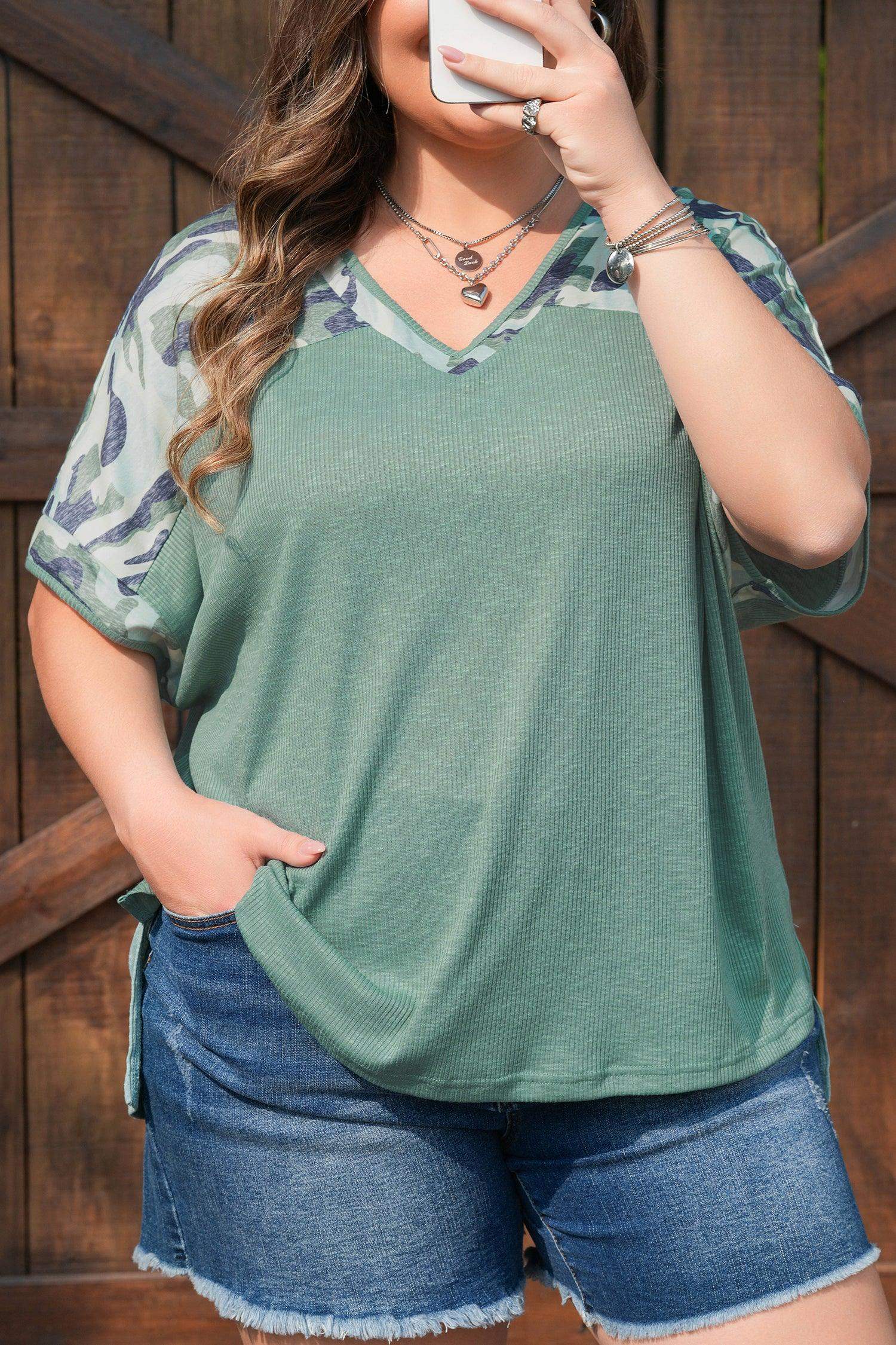 Mist Green Ribbed Camouflage Patchwork Plus Size V Neck Tee - Sweet Fashion Wholesale