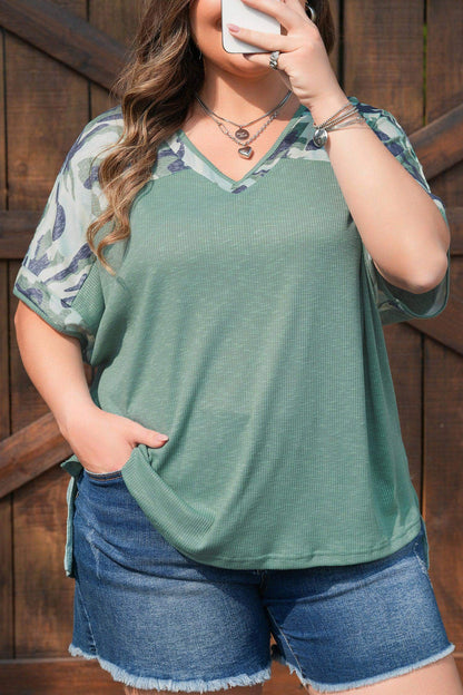 Mist Green Ribbed Camouflage Patchwork Plus Size V Neck Tee - Sweet Fashion Wholesale