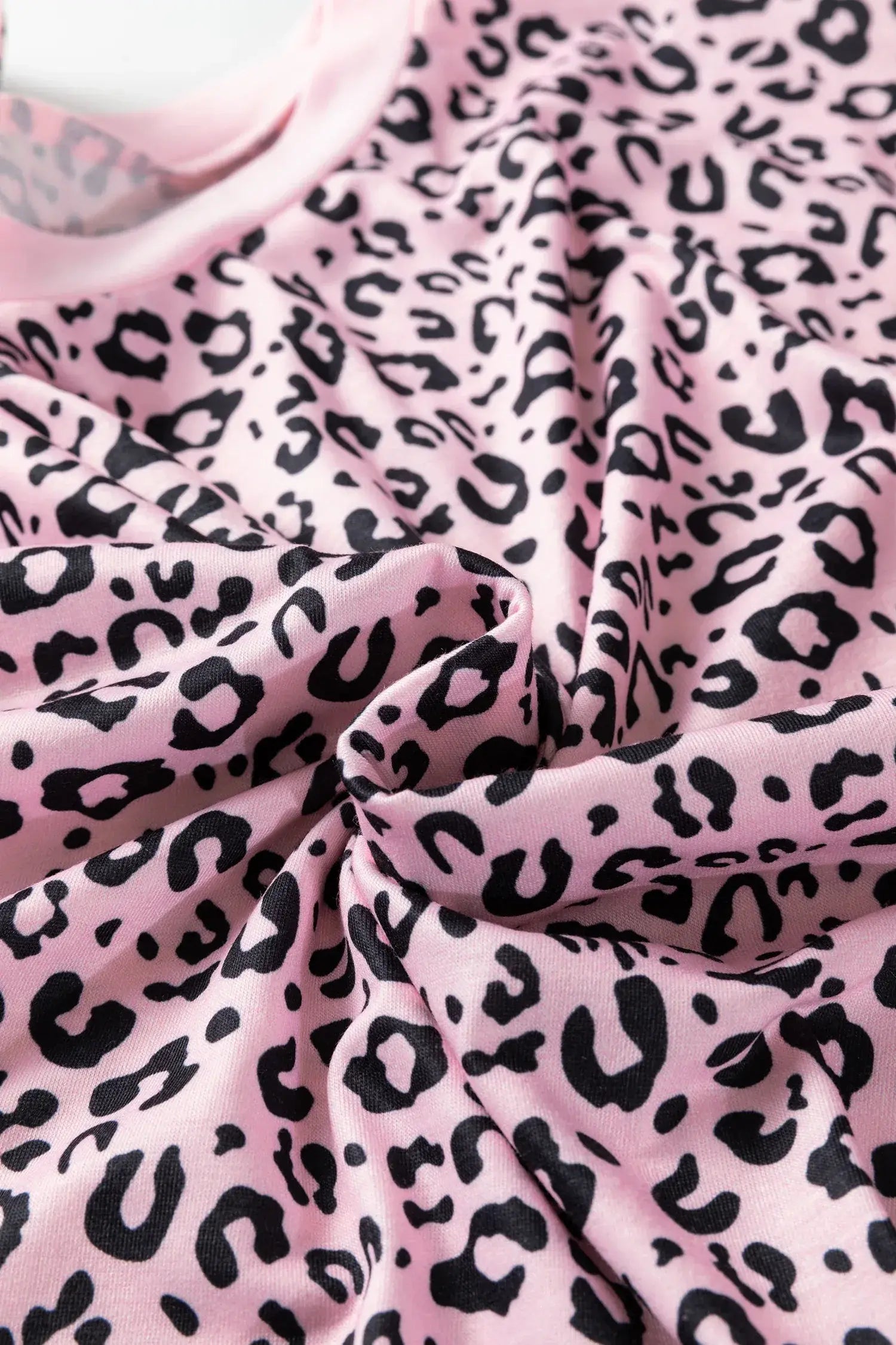 Pink Leopard Striped Patchwork Side Slit Loose Short Sleeve Top - Sweet Fashion Wholesale