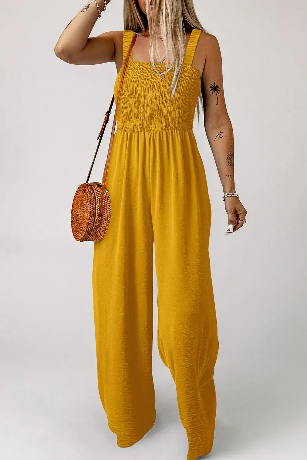 Ginger Smocked Sleeveless Wide Leg Jumpsuit with Pockets - Sweet Fashion Wholesale