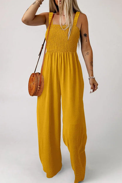 Ginger Smocked Sleeveless Wide Leg Jumpsuit with Pockets - Sweet Fashion Wholesale