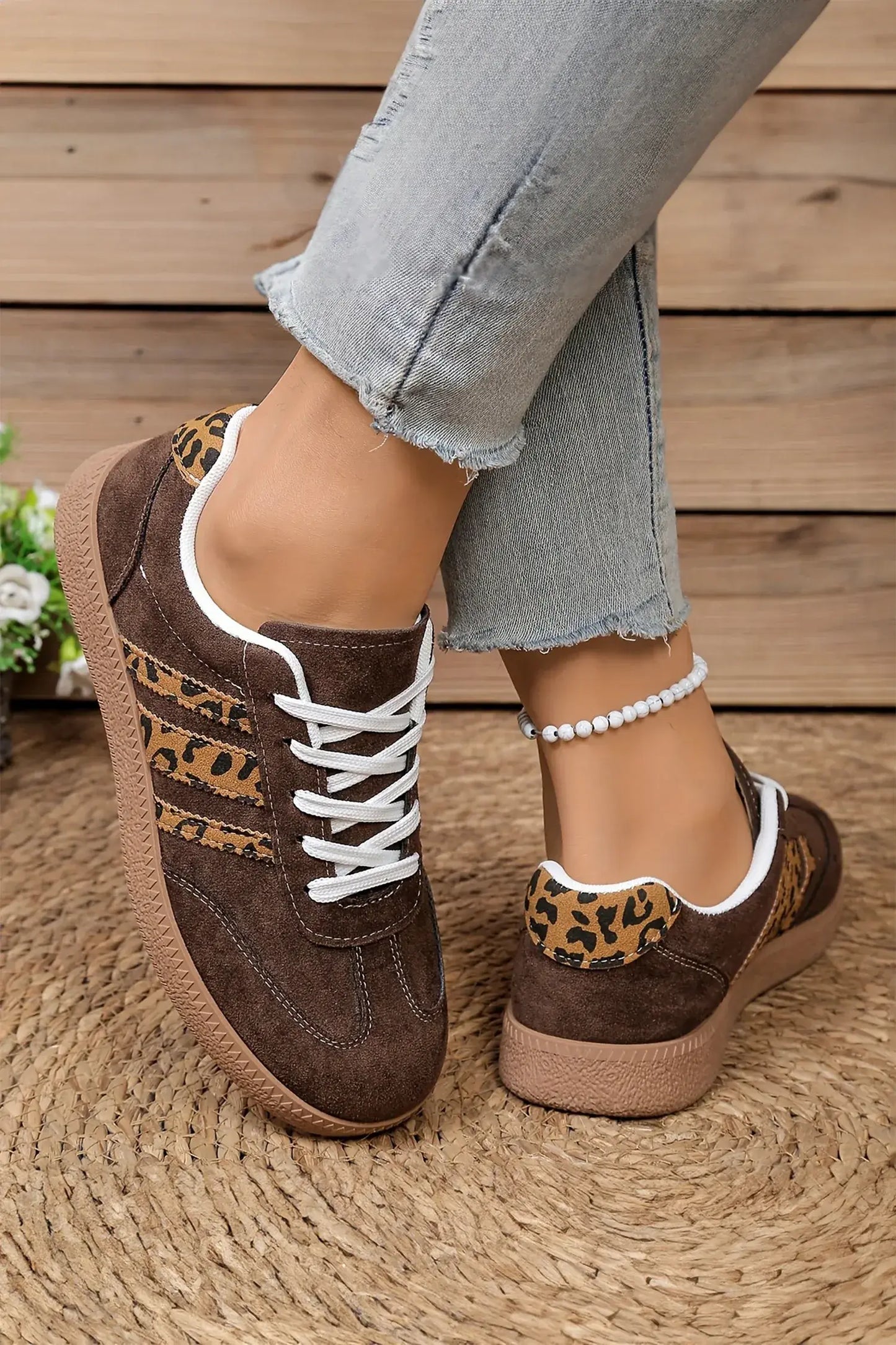 Coffee Contrast Lace-up Leopard Patchwork Detail Faux Suede Shoes - Sweet Fashion Wholesale