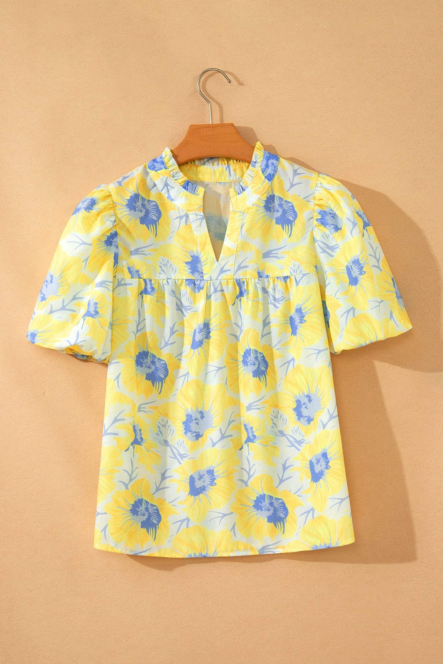 Yellow Short Bubble Sleeve Summer Floral Blouse