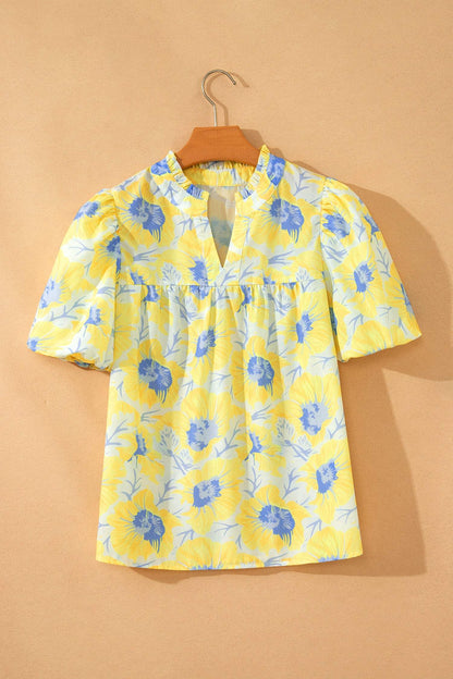 Yellow Short Bubble Sleeve Summer Floral Blouse