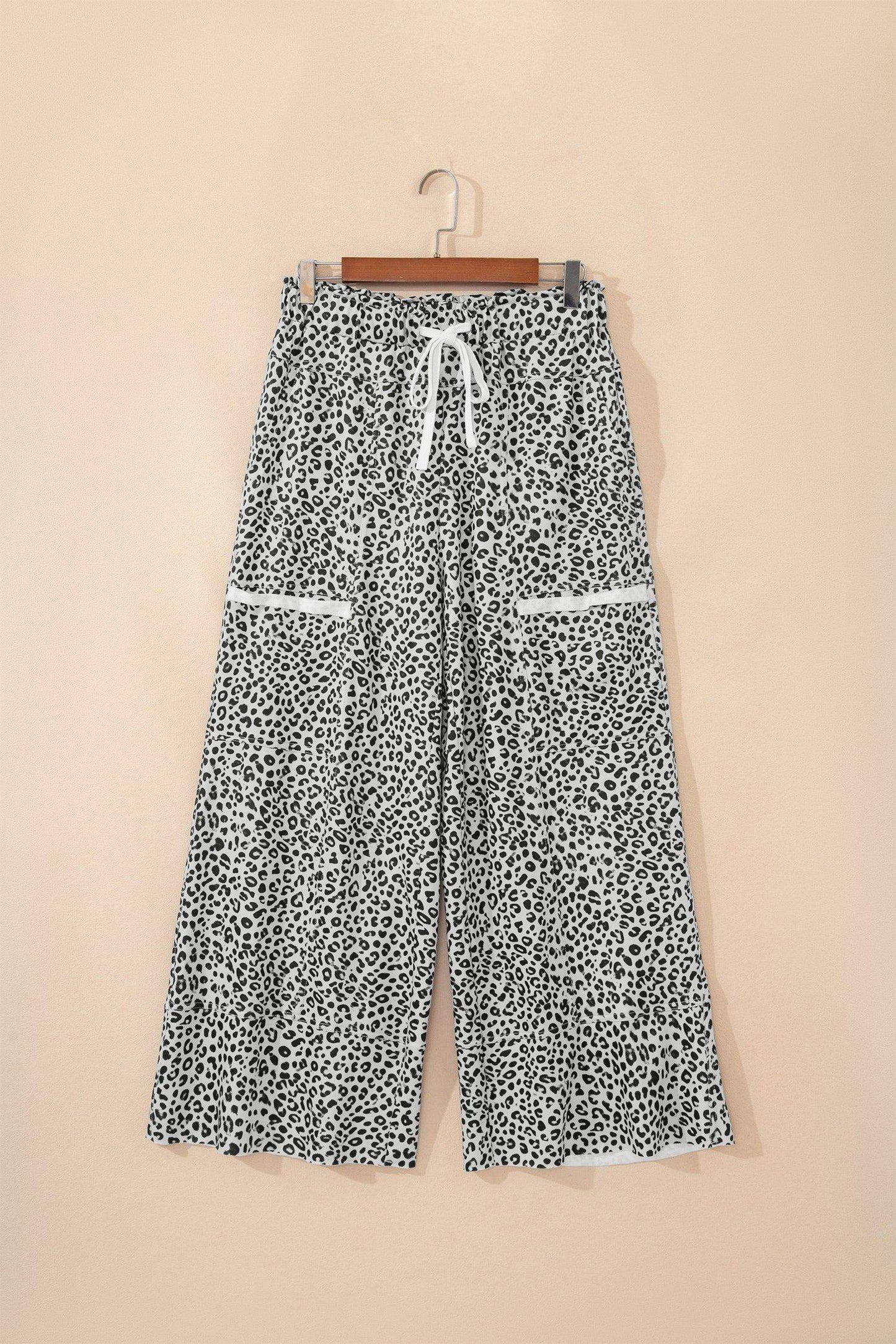 Khaki Animal Print Wide Leg Terry Knit Pants - Sweet Fashion Wholesale
