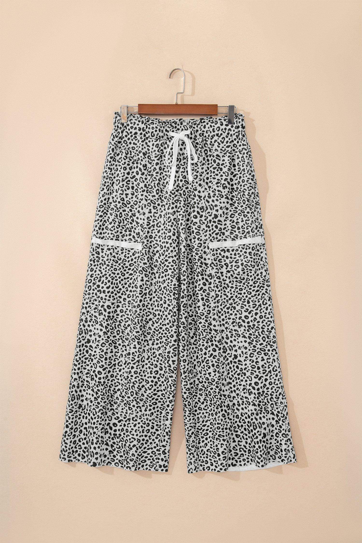Khaki Animal Print Wide Leg Terry Knit Pants - Sweet Fashion Wholesale