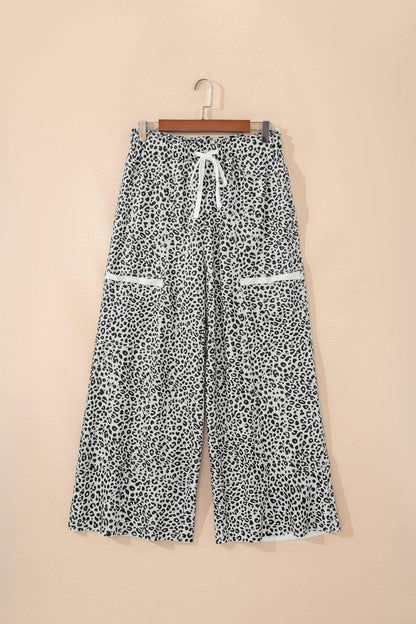 Khaki Animal Print Wide Leg Terry Knit Pants - Sweet Fashion Wholesale