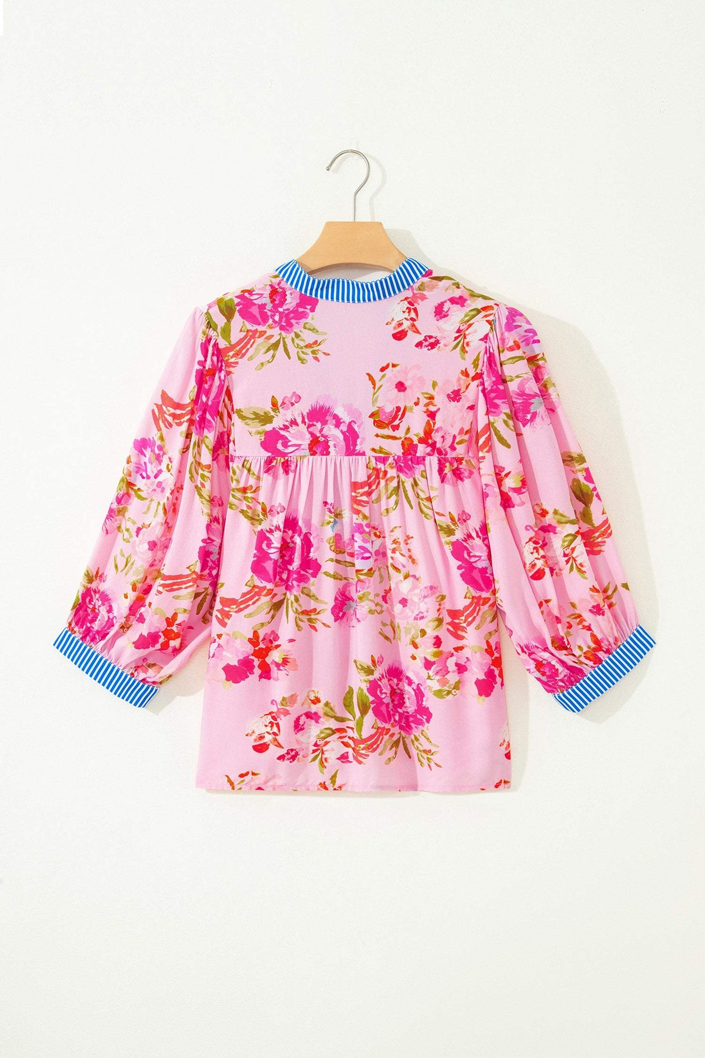 Multicolour Floral Half Sleeve Striped Trim V Neck Blouse