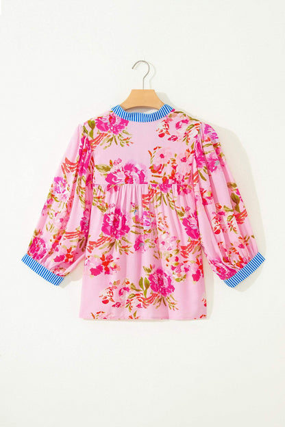 Multicolour Floral Half Sleeve Striped Trim V Neck Blouse