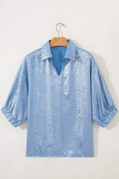 Myosotis Collared V Neck Half Sleeve Metallic Top
