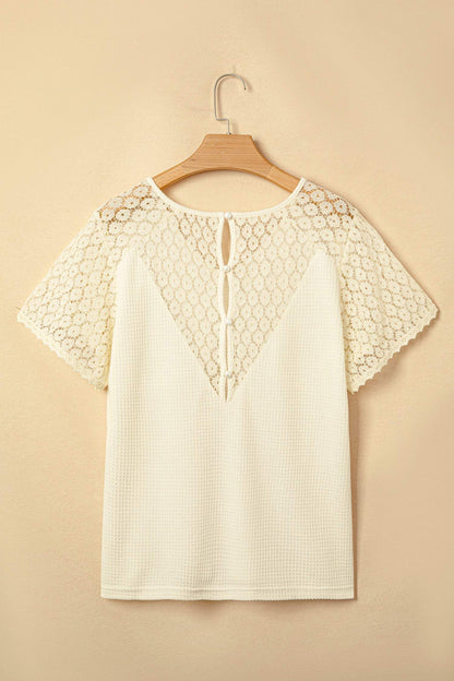 Beige Lace Splicing Button Cutout V Neck Waffle Knit Blouse