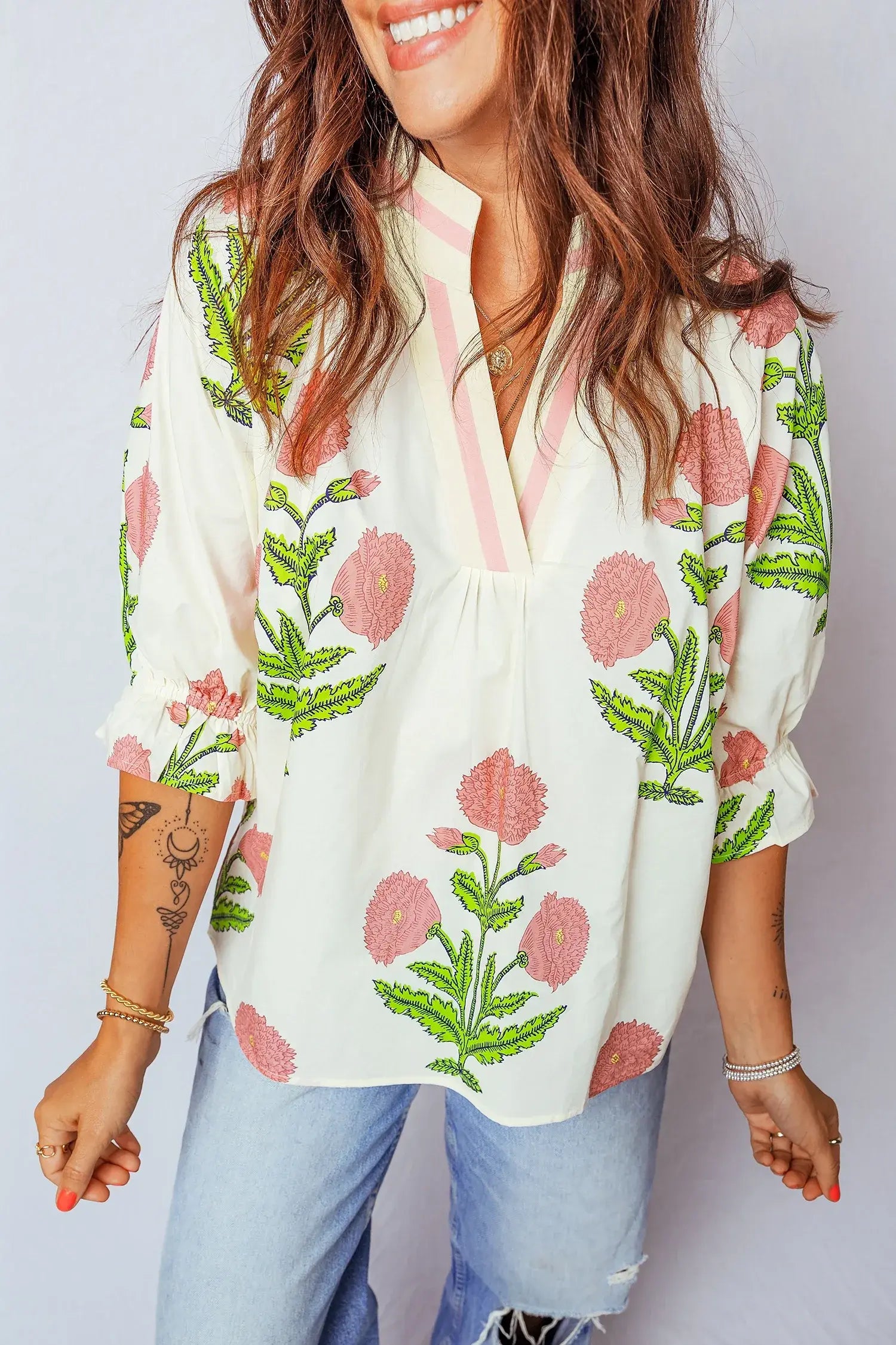 Casual Wild Flower Print V Neck 3/4 Sleeve Blouse - Sweet Fashion Wholesale