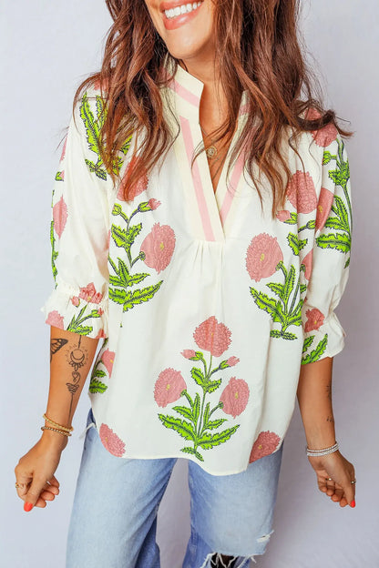 Casual Wild Flower Print V Neck 3/4 Sleeve Blouse - Sweet Fashion Wholesale