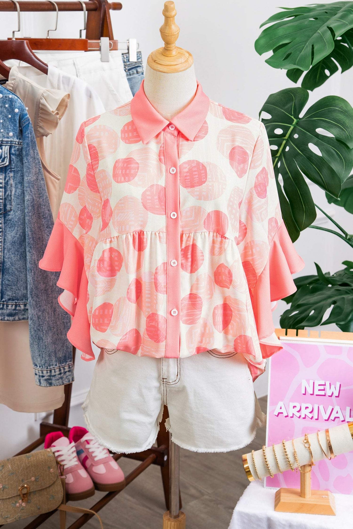 Pink Double Polka Dot Printed Ruffle Trim Short Sleeve Babydoll Shirt