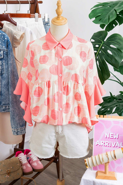 Pink Double Polka Dot Printed Ruffle Trim Short Sleeve Babydoll Shirt