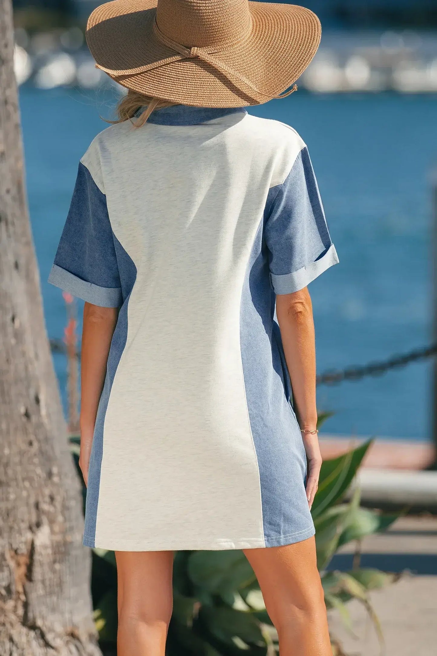 Light Grey Denim Color Block Patchwork Button Polo Collar T Shirt Tunic Dress - Sweet Fashion Wholesale