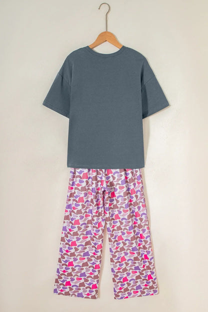 Medium Grey MAMA Letter Graphic Tee Camouflage Print Loose Pant Set - Sweet Fashion Wholesale