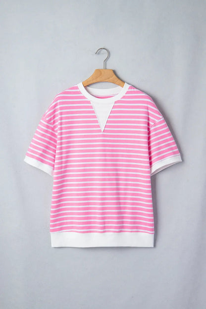 Pink Stripe Round Neck Drop Shoulder Short Sleeve Loose Top - Sweet Fashion Wholesale