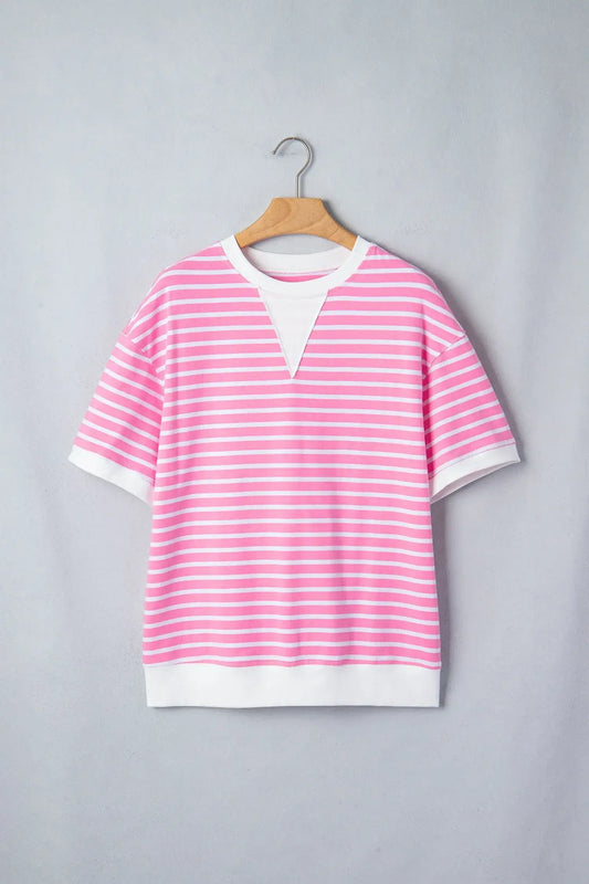 Pink Stripe Round Neck Drop Shoulder Short Sleeve Loose Top - Sweet Fashion Wholesale