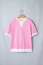 Pink Stripe Round Neck Drop Shoulder Short Sleeve Loose Top - Sweet Fashion Wholesale