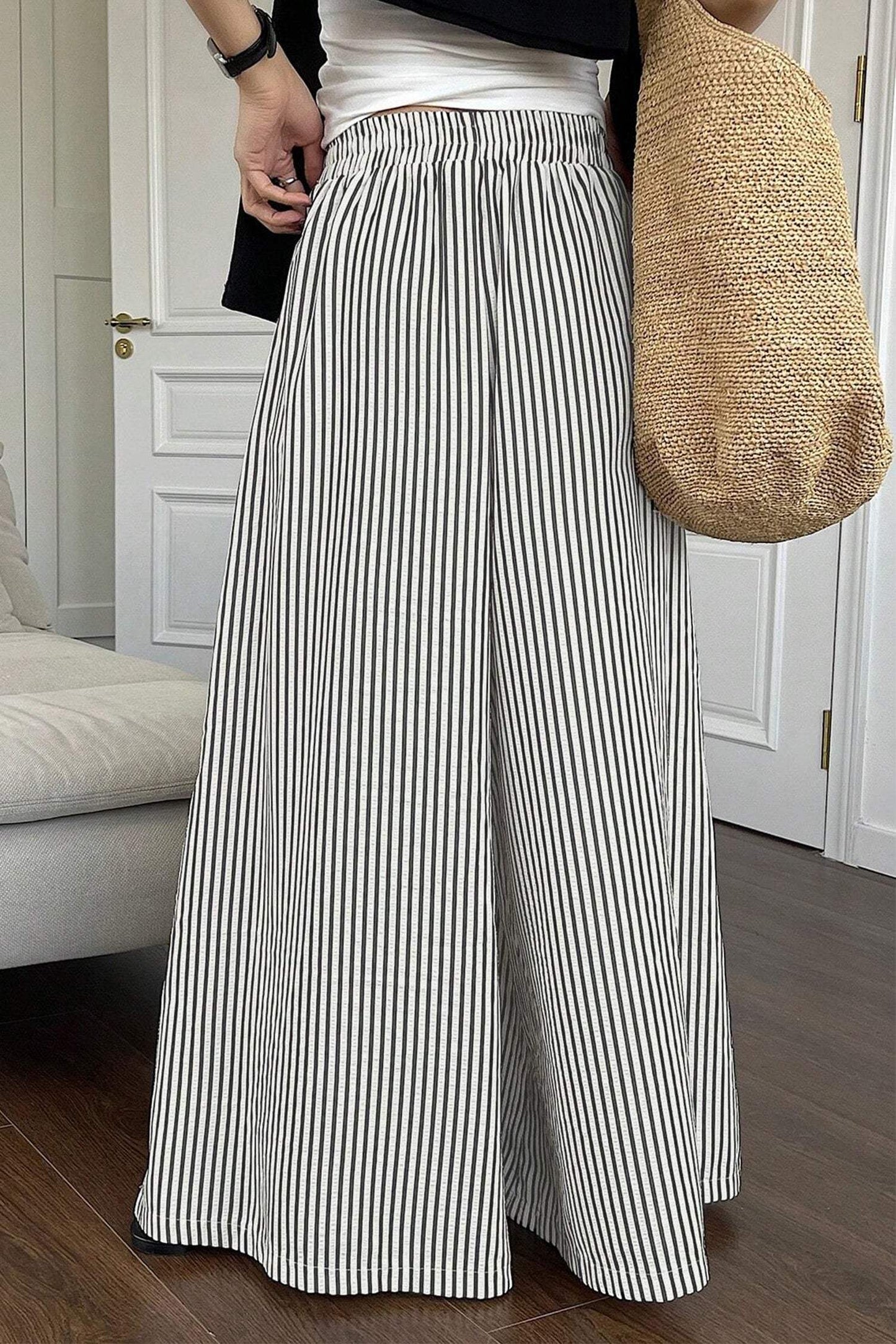 Black Stripe Elastic Waist Ultra Wide Leg Pants