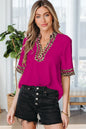 Violet Leopard Patchwork Trim Split Neck Short Sleeve Blouse - Sweet Fashion Wholesale