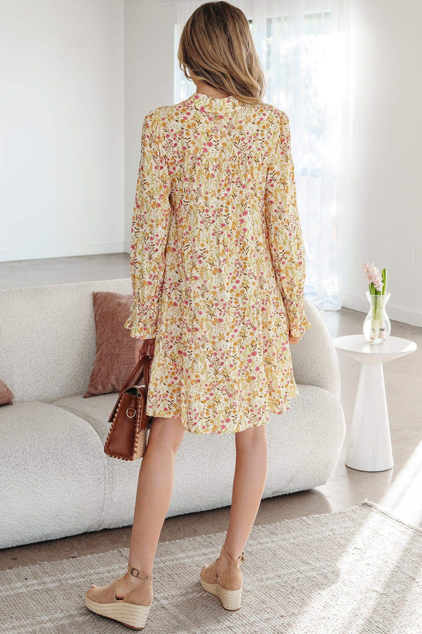 Yellow Floral Print Frilly Trim Smocked Cuff Long Sleeve Loose Shirt Dress - Sweet Fashion Wholesale