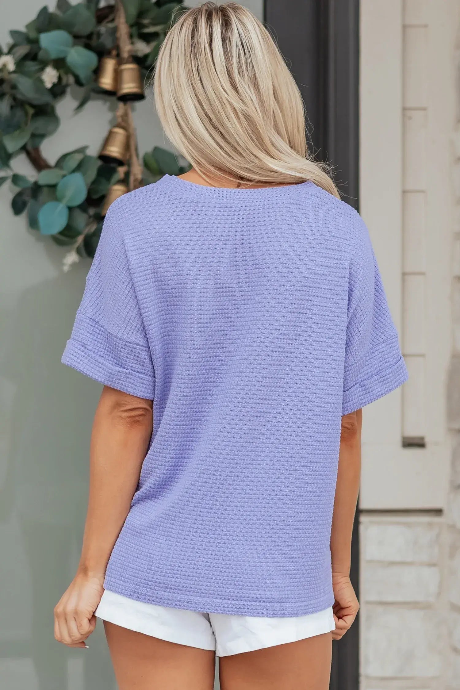 Strawberry Pink Waffle V Neck Short Sleeve Knit Top - Sweet Fashion Wholesale