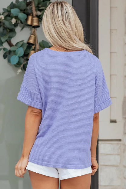 Strawberry Pink Waffle V Neck Short Sleeve Knit Top - Sweet Fashion Wholesale