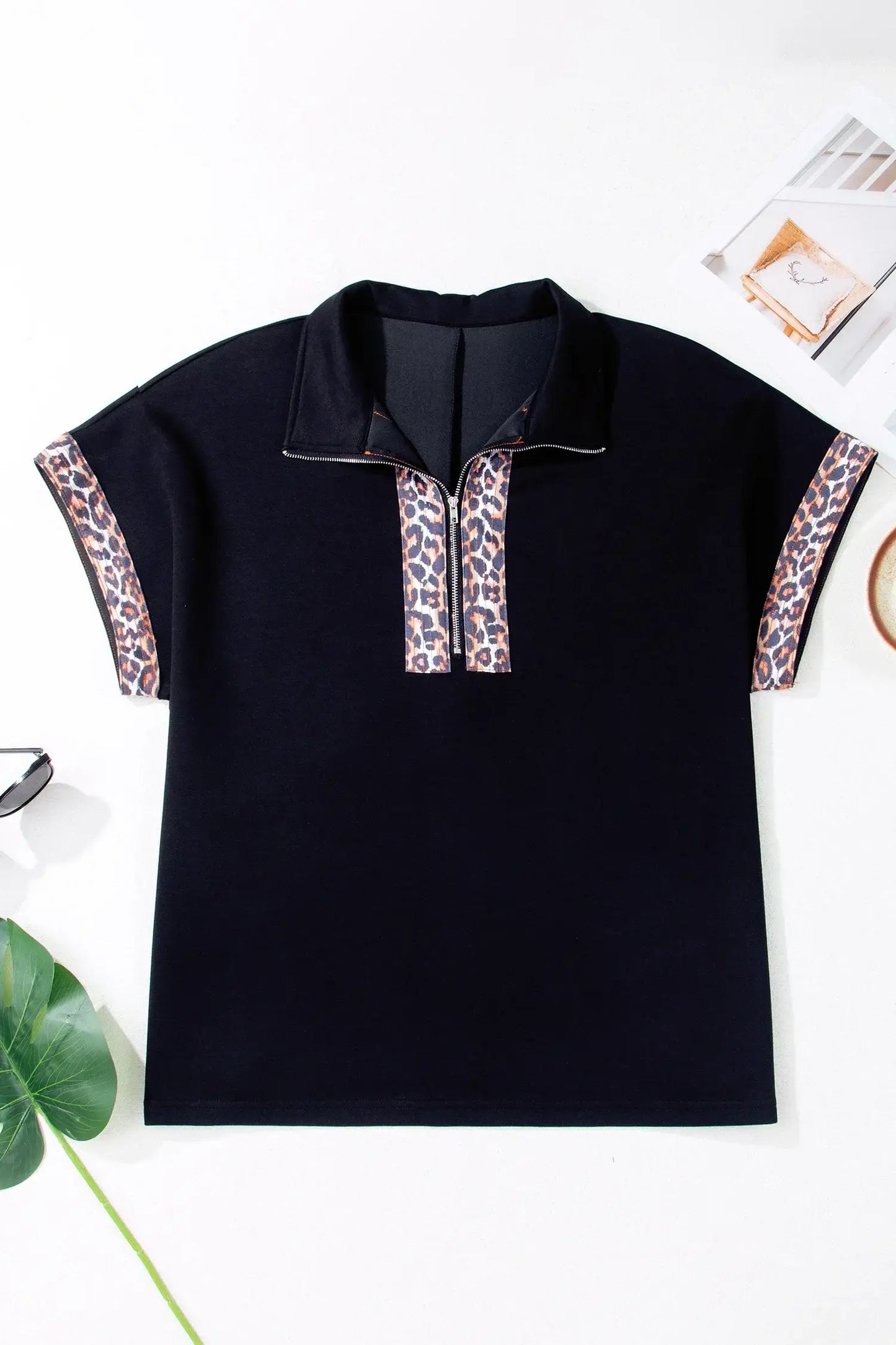 Black Plus Size Leopard Patchwork Half Zip Short Sleeve Top
