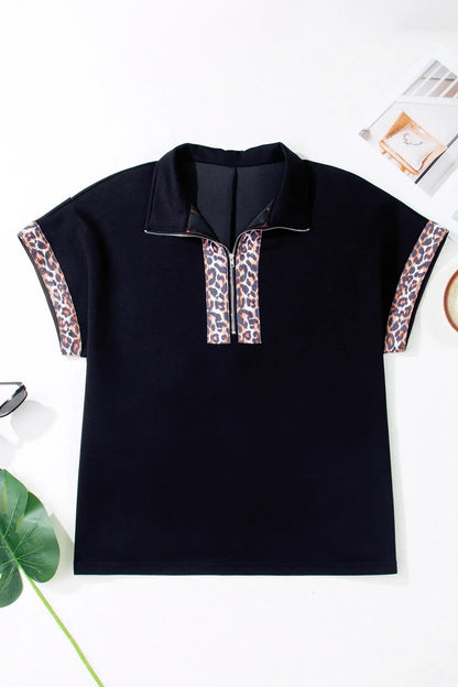 Black Plus Size Leopard Patchwork Half Zip Short Sleeve Top