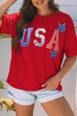 Fiery Red Patriotic USA Slogan Patch Embroidery Short Sleeve T Shirt