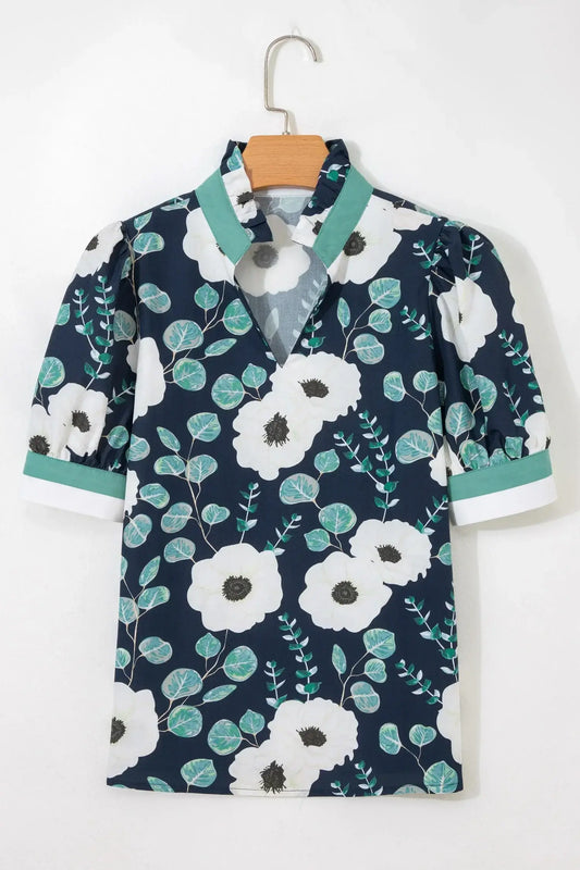 Blue Floral Print Striped Patchwork V Neck Short Sleeve Blouse - Sweet Fashion Wholesale
